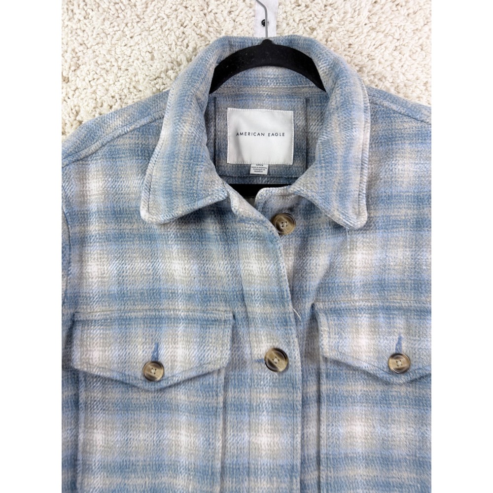 American Eagle Plaid Shacket Womens Small Blue Cream Lined Flannel - Picture 2 of 10
